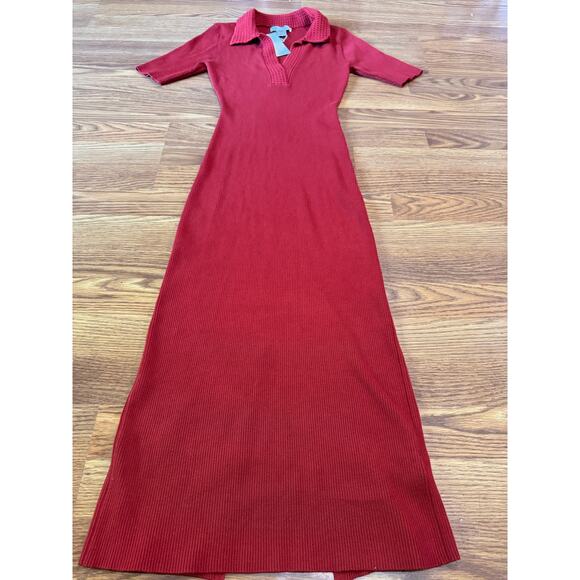 Caroline Constas Red Dress Knit Midi bodycon Crochet Collar size M - Picture 11 of 11